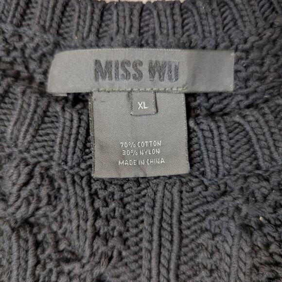 Miss Wu Mixed Knit Sweater Black & Ivory Houndstooth Cable Knit Size XL - Picture 4 of 12